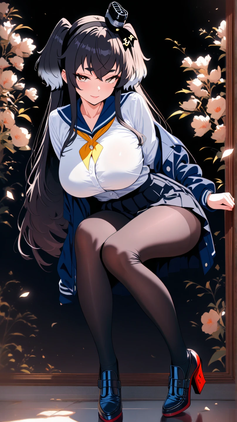 masterpiece、High resolution、High resolution、4K、8k、(((Stretch your legs and show your butt、Beautiful breasts、Exposing the breasts)))、((Shiny underwear、Panties worn)))、Uniform Blazer、Beautiful beauty、Long black hair、((whole body))、(((Photo taken from below)))、classroom、School、Large Breasts、Beautiful breastini skirt、Panties are black、Japanese、tall、Long limbs、18-year-old、Komi Shoko、A beautiful nose like a model、Please place one hand on your hip.、Natural smile、Sexy pose、Hairstyle: Long hair、Beautiful belly button、Absolute area、Knee-high socks