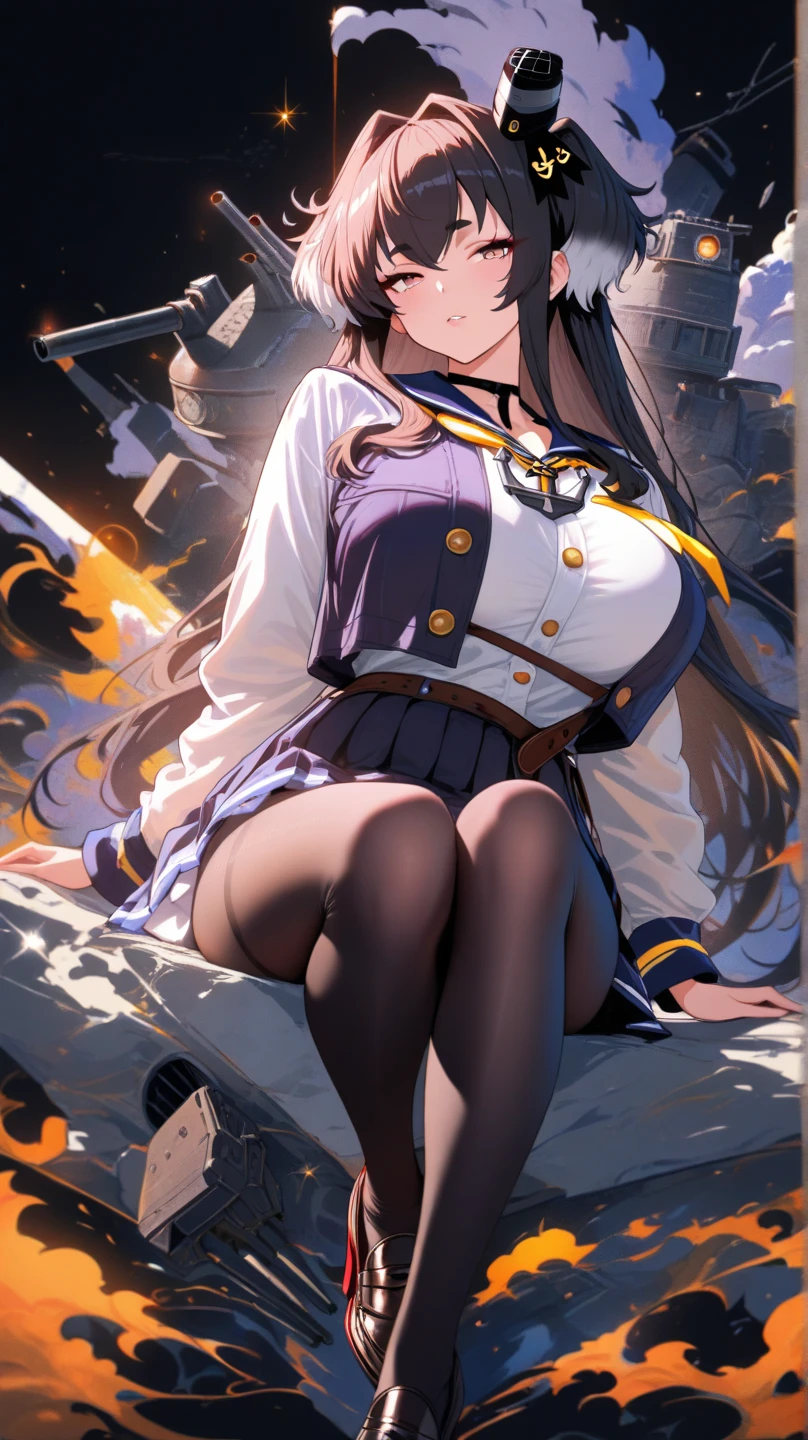 yui,(uniform, military uniform,)1girl, solo,(masterpiece,best quality),large breasts,very long hair, miniskirt, looking at viewer ,<lora:takamura yui-4style:1>, black legwear,pantyhose,blue necktie,purple eyes, brown hair,  floating hair, light particles:1.5, depth of field, white hairband,
(HDR, UHD, 8K,best quality,masterpiece,Highly detailed,Studio lighting,ultra-fine painting,sharp focus,physically-based rendering,extreme detail description,Professional,Vivid Colors),
angry,disdain, disgust, troubled eyebrows,light rays, laser,fire,blood on clothes, blood splatter, red moon, red and blue theme,
from below, aiming at viewer, pov hands, open mouth, talking, fighting stance, panties under pantyhose:1.2, panty peek, zettai ryouiki, holding gun,