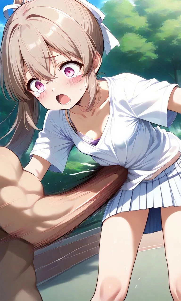Men holding penises and surrounding a girl、Teasing Smile、、From the penis、、女の子のためのBukkake、Thick thighs crowded together、 8-year-old、Small breasts、Low length、Young Face、Pink Dress、Striped underwear、Skirt flip、Mesugaki Smiles、In the park during the day、Bukkake、Mouthful of cum