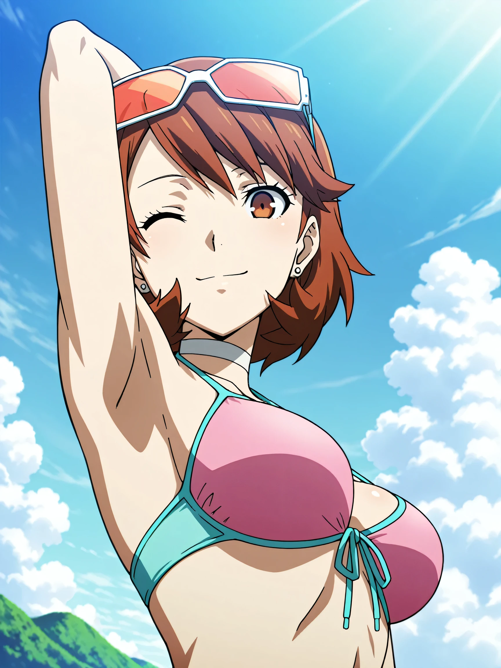 masterpiece, best quality, amazing quality, anime screencap, anime coloring, 1girl, solo, p3yukari, yukari takeba, short hair, light brown hair, earrings, brown eyes, p3yukari-swim, pink bikini, bikini top only, front-tie top, halterneck, eyewear on head, sunglasses, medium breasts, arm behind head, armpit, armpit focus, head towards viewer, looking at viewer, direct eye contact, smile, closed mouth, outdoors, day, beach, midriff, from side, from below, (wink:1.2)