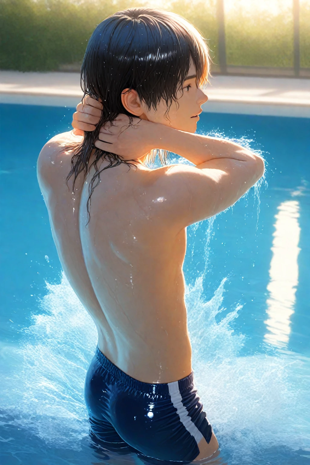 a tanned junior japanese high school young boy, showering under the summer sky, outside, extremely dark skinned, detailed face, beautiful eyes, orgasm face, ???????, naked, detailed muscles, detailed penis, water droplets, photorealistic, 8k, highly detailed, sun light,  high lighting, dazzling, warm color tones, soft shadows, dynamic pose, full body shot