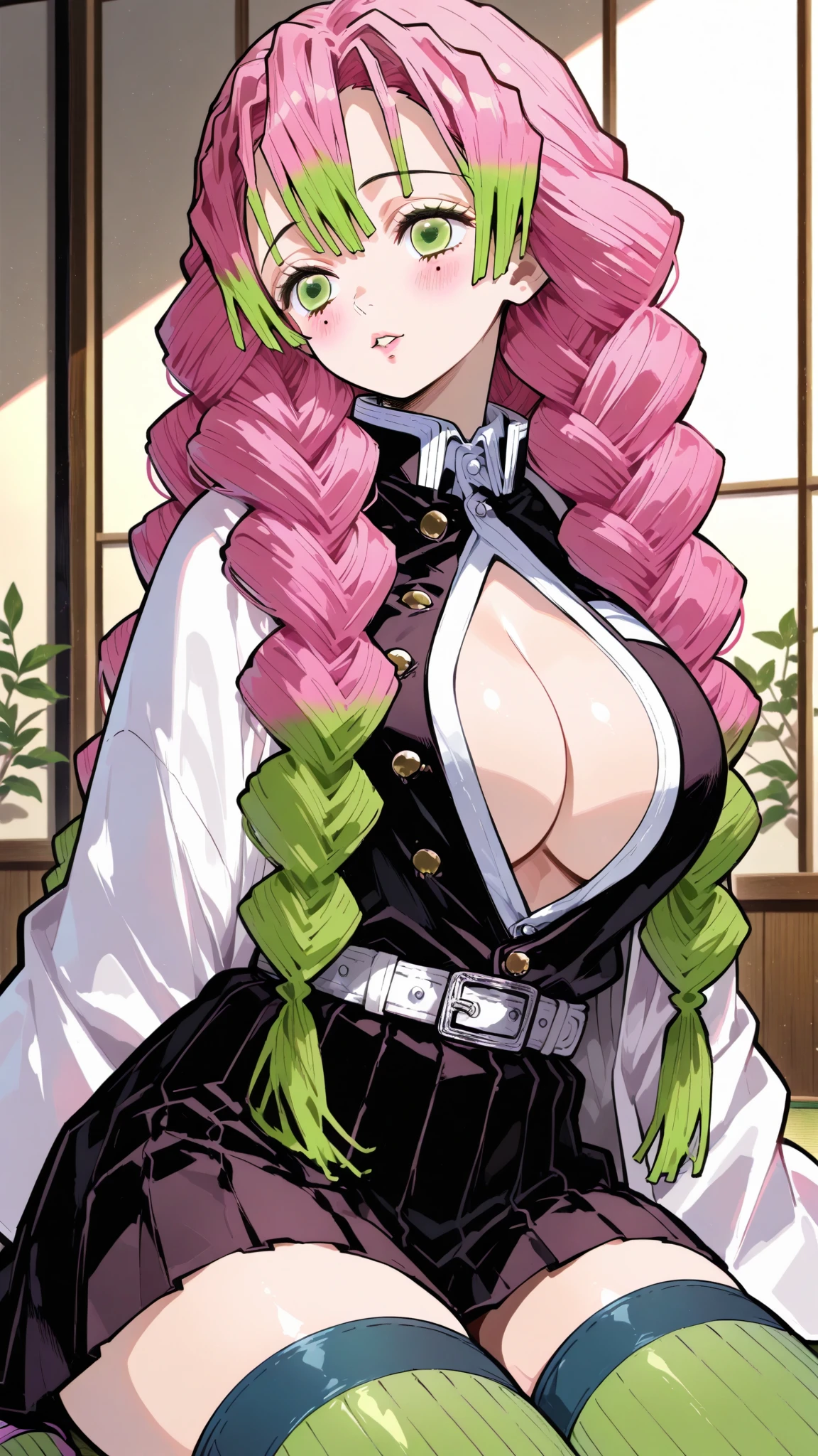 Looks into the frame, Night Forest, the night, Smiling, having fun, laughting, facing the viewer, Very sexy ass, sits on knees, Romantic, Feminine, Super detailed: 1.5), perfect lighting, glittering, Nature, At a distance, body complet, facial focus, a 1girl, ssmile, Smiling, Mitsuri (Demon Slayer), handsome girl, Night Forest, beatiful face (Mitsuri (Demon Slayer), White Haori, black skirt with silver belt and green striped hips, bright pink hair (green at the tips), rose hair (Dark pink), Green Hair Ends, Gradient hair, multi-colored hair, hairlong, quiff, twin braids, green colored eyes, Demon Slayer Uniform, Long sleeve jacket, White Haori, blackskirt, Silver Belt, green striped thighs, blusher, realisti, pectoral muscles,, wide thighs, (Thick rods: 0,9), décolleté, gaze at the viewer, (beste-Qualit), tmasterpiece,
