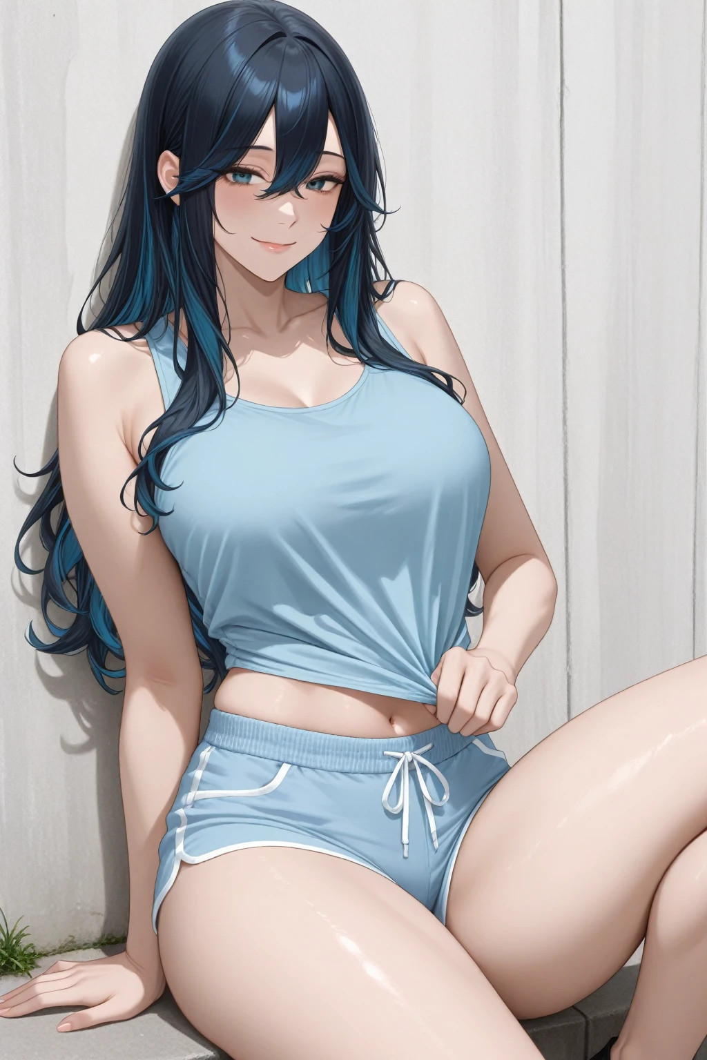 Hot girl, blue hair, 20 years old, beige swimsuit, dick between thighs, dick rubbing on thighs, fit body, small breasts, enjoying, tight, dick in swimsuit from the side, thick and tight body, big ass, long hair