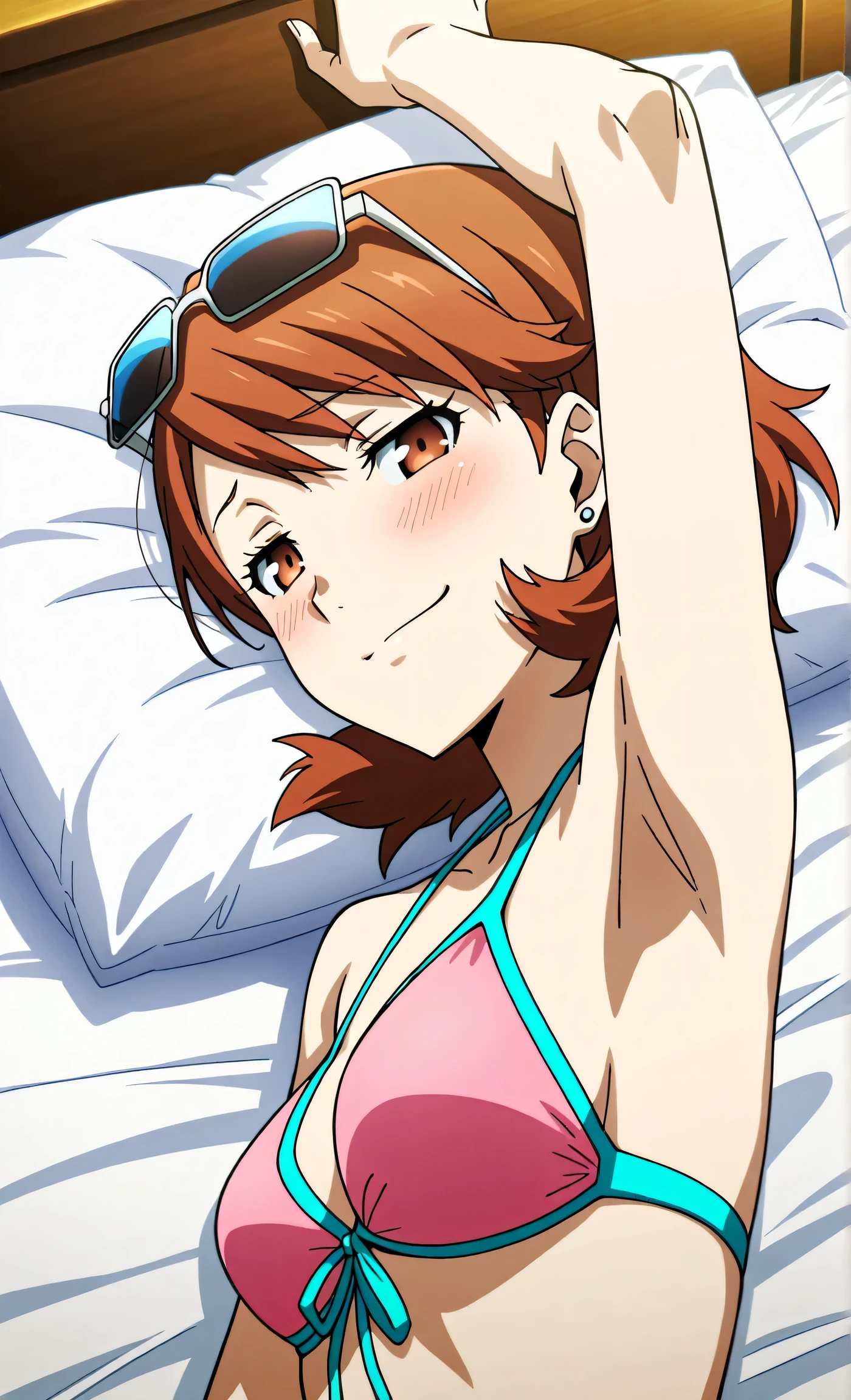 masterpiece, best quality, amazing quality, anime screencap, anime coloring, 1girl, solo, p3yukari, yukari takeba, short hair, light brown hair, earrings, brown eyes, p3yukari-swim, pink bikini, bikini top only, front-tie top, halterneck, eyewear on head, sunglasses, medium breasts, arm up, raised arm, armpit, armpit focus, head towards viewer, looking at viewer, direct eye contact, smile, smug, half-closed eyes, blush, closed mouth, lying in bed, lying on side, from above, pillow 