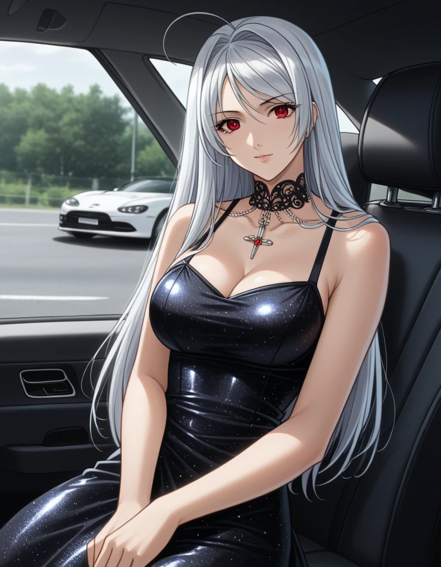 (high quality:1.3), highly detailed, (drawing, professional artwork:1.2, artstation),
AraneaHighwind, sitting in (cabriolet:1.2) on back seat, (beautiful sky background:1.1), (road:1.15), wastelands, looking at viewer, smirking, flirting, (cowboy shot:1.15),
grey hair, lipstick, makeup, black eyeshadow, eyelashes, (ultra detail hair:1.1), ultra realistic hair, ultra detail face, green eyes, (perfect eyes, perfect face:1.1),
black dress,
(Large Breasts:1.2), cleavage, <lora:AraneaHighwind-000009:0.85>, <lora:add_detail:0.3>