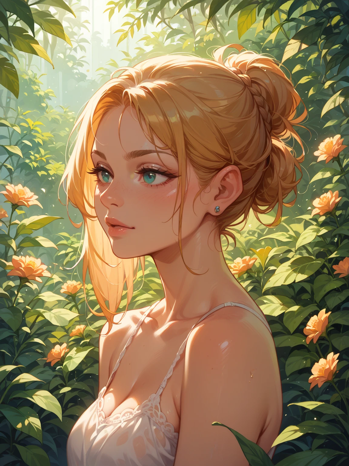 any4,blonde hair bun,,lake,dress,(upper body,dof,volumetric lighting,masterpiece,extremely detailed skin,pores,cinematic,add_detail,nude,20 years old