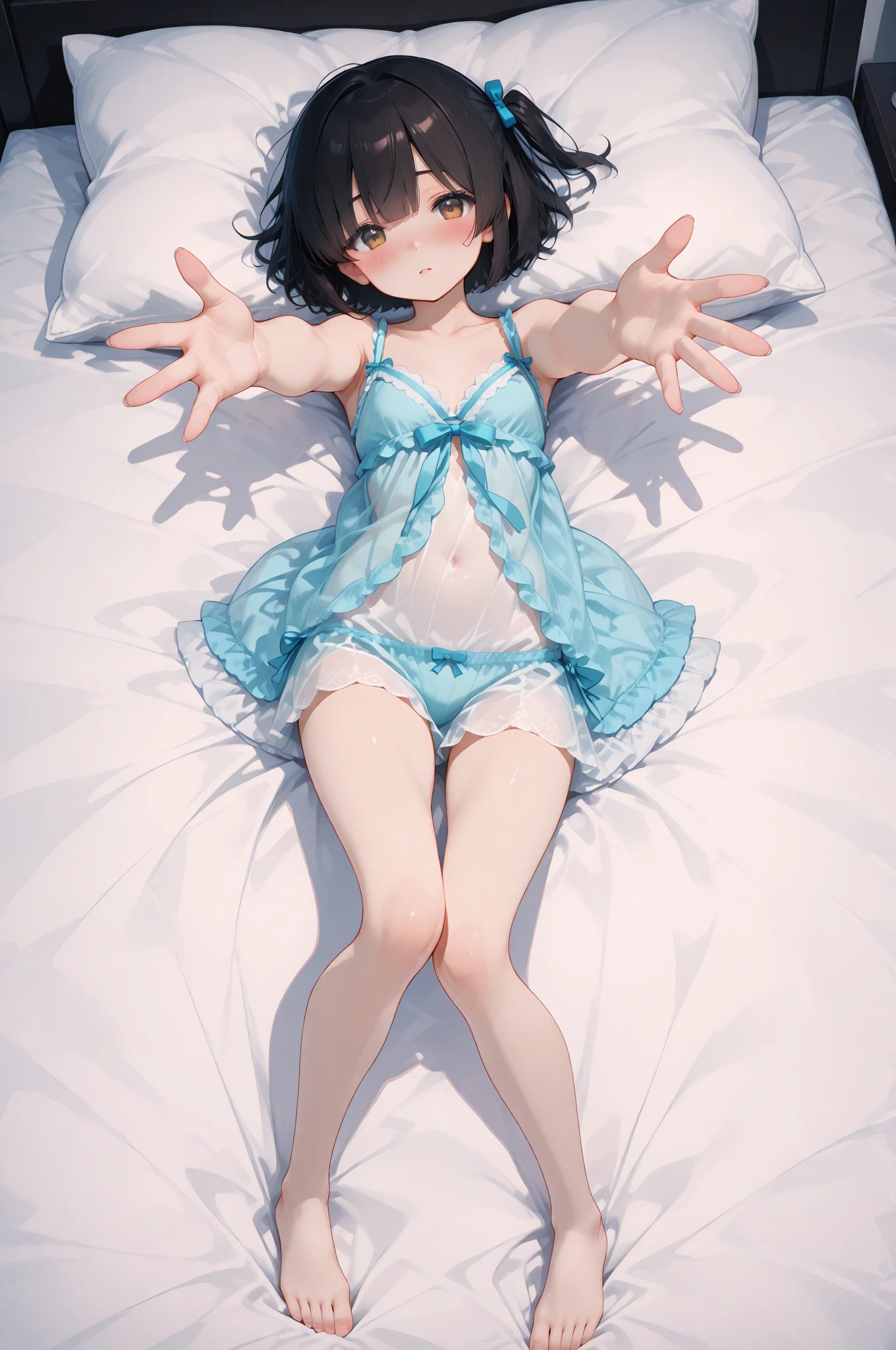 And soul、Stickers、1 beautiful girl、a bit、(((Baby Face、Baby Face、Baby Face、Full body photo、M-shaped legs)))、blush、Sleep on your back、short hair、White bra、Super flat chest nipples