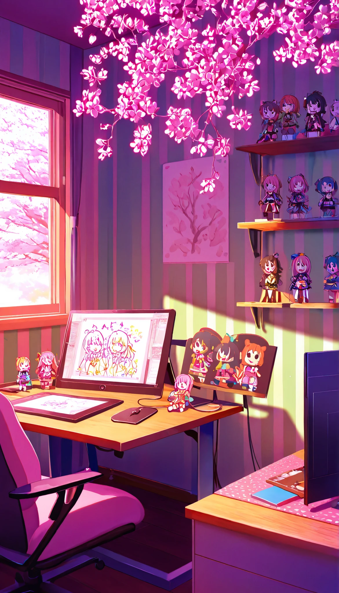 *"A vibrant 2D animated studio background for a Donghua YouTuber, featuring:
- A cozy digital art workspace with a computer, drawing tablet, and colorful LED lights.
- Anime-style posters of original characters on the walls.
- A shelf filled with art supplies, figurines, and Chinese-inspired decorations.
- A large window showing a city skyline with cherry blossoms.
- Soft warm lighting and a playful, creative atmosphere.
- Pastel color palette with pops of bright colors.
- Style: Clean 2D anime background, detailed lineart, Studio Ghibli-inspired lighting."*