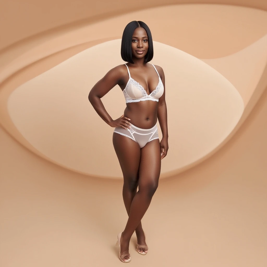 ((((masterpiece, best quality)))), ((32 year old)), (((athletic build))), ((Black woman with short black dreads)), in ((white bra)), (((white high cut cotton panties))), (((big hips))), smirking, Standing in front of a grey screen, (((photo realistic))), 