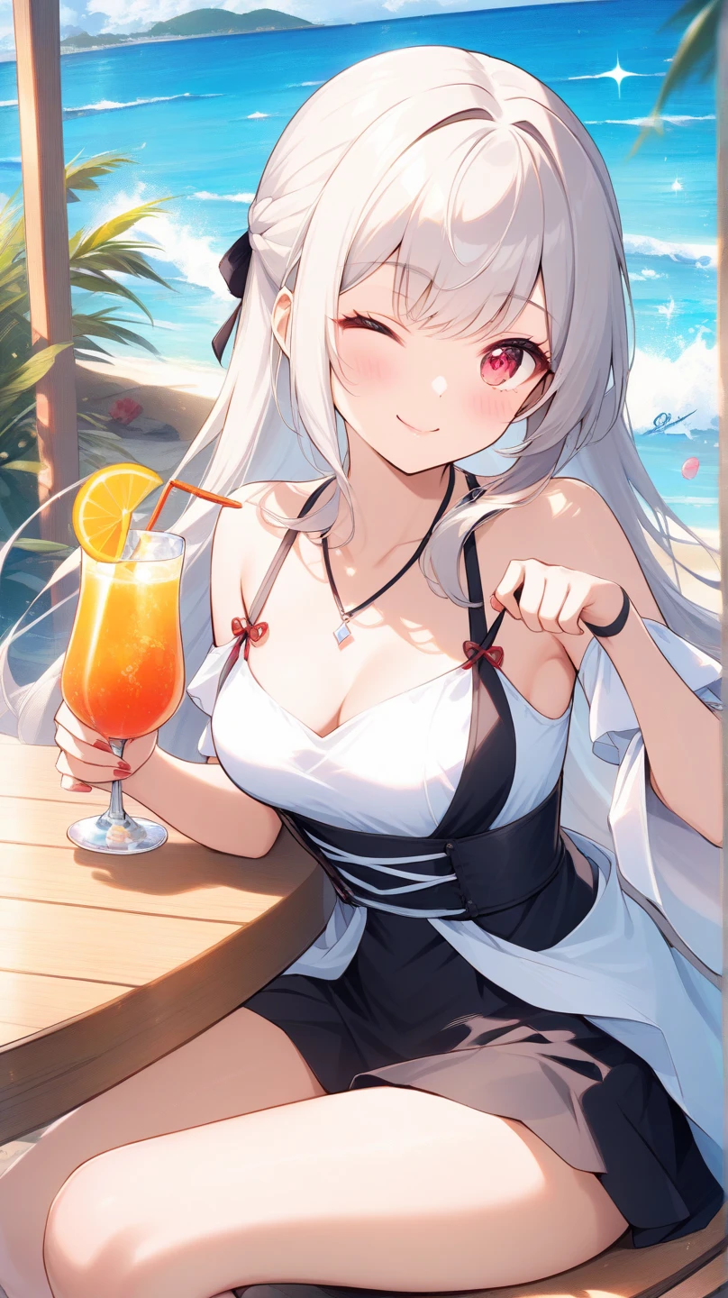 masterpiece, best quality, 1girl, Alley way, Black bikini,holding a cocktail,upper body, from side, science fiction, yellow eyes, twintails, silver hair, looking at viewer,smile,beach background