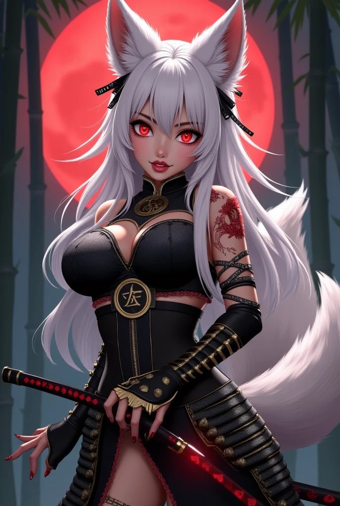 (Yoko Kurama):hairs: long and silver.
eyeballs: golden.
ears: Pointy.
Tailpussy: It has a fox tail.
badass clothing: Wears traditional clothing from the Demon World, which include a flowing white tunic.
Height: Taller and with a more imposing presence than in human form.