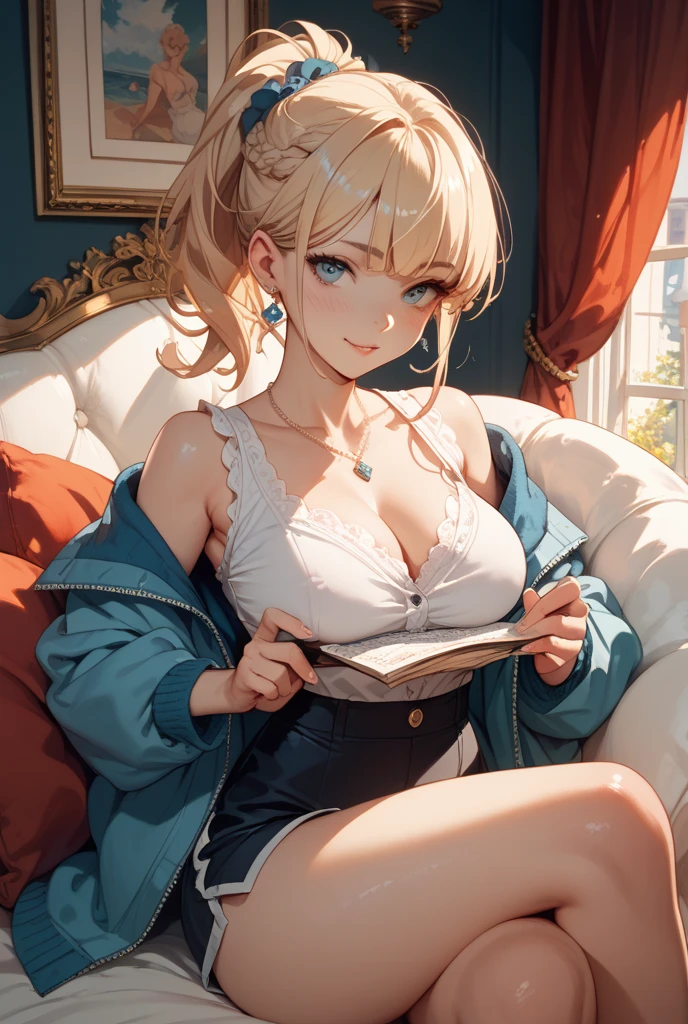 最high quality、Best image quality、masterpiece、With a girl((cute、16 years old、Best Bust、Medium Bust、Beautiful Blue Eyes、Spread your chest wide,Blonde、Slender、The best valley、Blue Tank Top、Blue trousers,Show the whole body、Blue Mesh,swim,smile))high quality、Beautiful art、background((summertime、large room、cooler、Fan、See-through curtains、White bed、A large number of books)),Tabletop、Exquisite design、Visual Arts、Depth of written boundary、Best lighting、Highest detail、8k