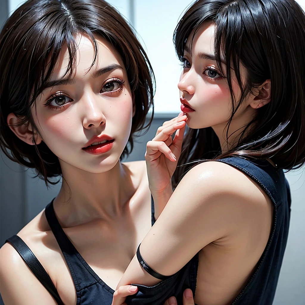 score_9, score_8_up, score_7_up, uncensored, realistic, simple background, gray background,
2girls, beautiful girl, (_child:1.5), short torso, (small female:1.3), (short torso), japanese, black hair, short hair, bangs, brown eyes, oiled, sweat, lotion, skindetnation, shiny skin, large areola, (open eyes:1.2), (drool:1.3), saliva,
completely nude, erect nipples, puffy nipples, (breast grab),
standing, upper body, hug, french kiss, (tongue kiss:1.2), deep kiss, head tilt,
