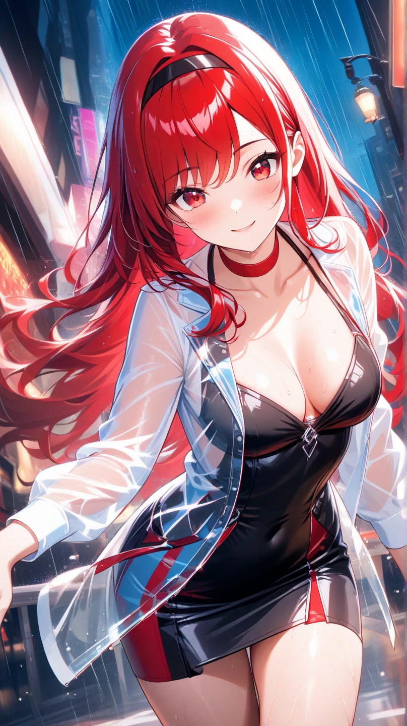 quality\(masterpiece, best quality,8K,非常に精細なCGユニットのwallpaper,High resolution,top-quality,top-quality real texture skin,Surreal,Increase the resolution,RAW Photos,最高quality,Very detailed,wallpaper\), break ,A girl in a black trench coat:1.5,\(Girl,cute,Red hair,Red Bunny Girl:1.37, Red Pantyhose, Red Garter Belt, Red Eye,Big eyes,Eyes Shining,Drinking blood,smile,Sharp teeth,Open your mouth,\), break ,background(outside,night,neon,Backstreets)