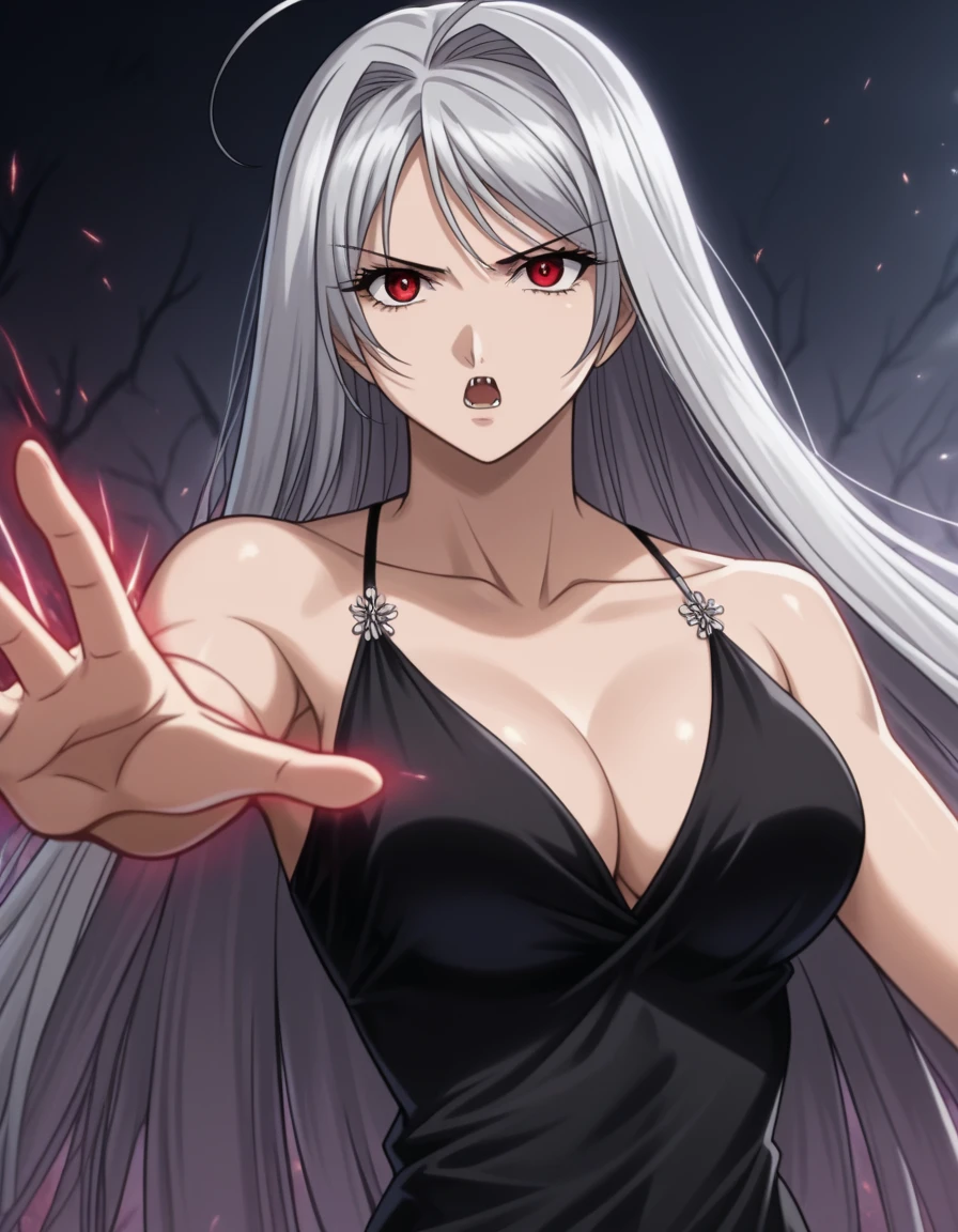 digital art drawing, illustration of (woman, long white hair mid part, brown eyes, sexy facial expression, black clothes, exposed breasts, topless, nude), anime drawing/art, bold linework, illustration, digital art, masterpiece, flat illustration, no shadows, 8k resolution, high detail, vector art, only anime, perfect eyes, perfect hands, perfect fingers, sharpness, high clarity, medium shot, high fidelity