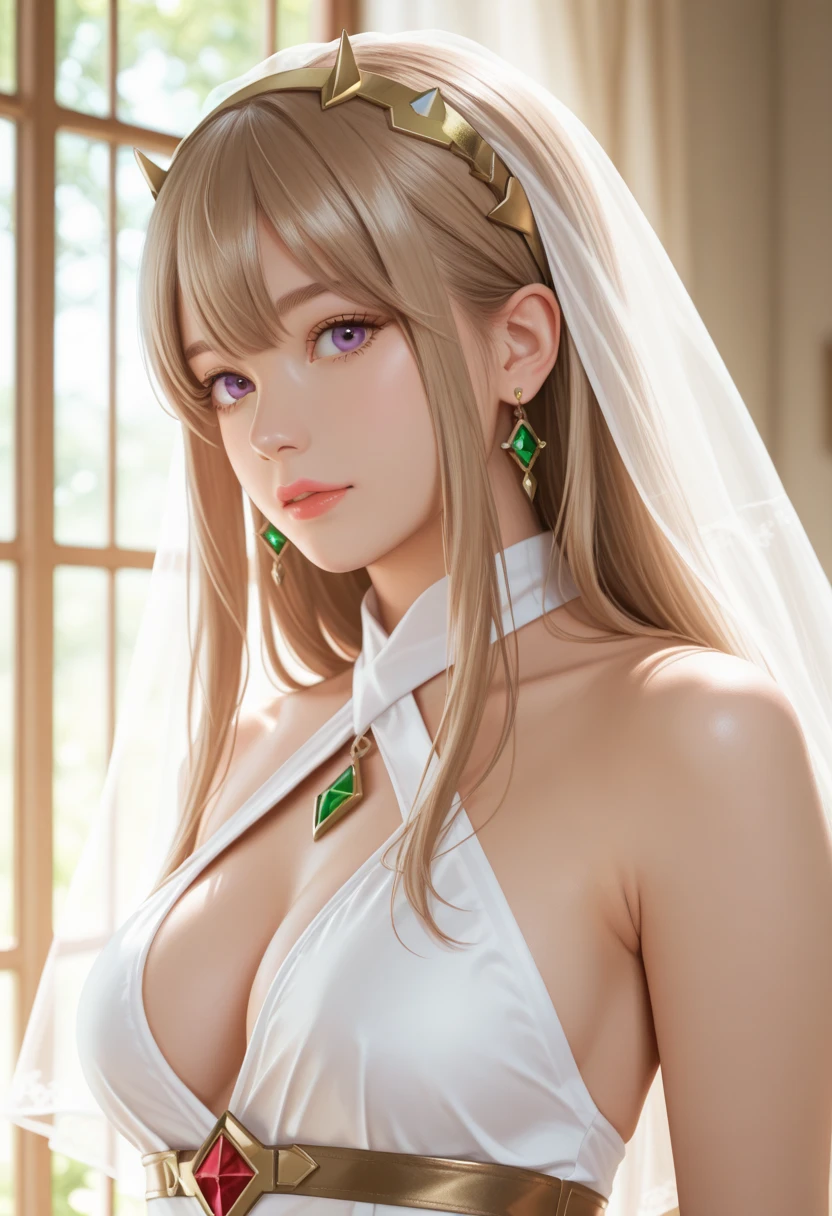 half_body <lora:FateNeroV2:0.75>, Bride1st, NeroCCC Form, gigantic breasts, upper body, holding flower, (white petals), wind,, (masterpiece:1.2), (absurdres), (best quality), ultra-detailed, illustration (detailed face),(detailed eyes), <lyco:GoodHands-beta2:1.0>