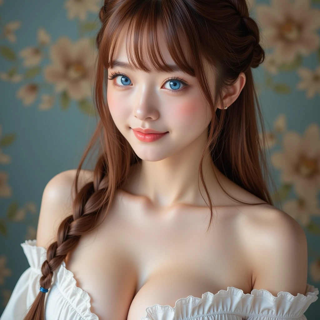 Georgeous, Beautiful, Russian Baby Face, 18 Years Old, White Skin, Cleavage, Large Colossal Breasts, Sexy Look, Sleeveless, (White Lace Lolita), (Lace Cloak), Flower Headband, Holdup Stocking, Mini Skirt, ((Bright Retina)), Open Mouth, ((Muscles:1.3)), ((Bokeh1.1)), Empty Land Outdoor, Masterpiece, ((Bangs Hair Long Twintail)), (Blue Sky), (HDR)