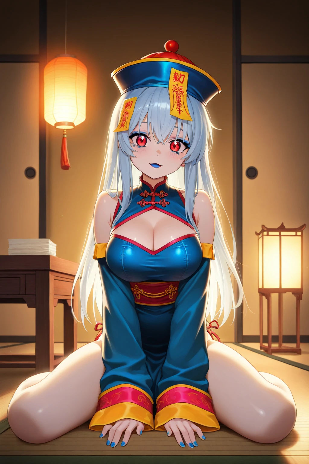 anime illustrated、cyberpunked、Lying silver-haired bitch shrine maiden、Blue mesh on hair、mechanical wrist、Brightly colored shrine maiden clothes、skirt by the、A huge shrine on the ocean floor、Brilliant coral reefs、thick thighs、ocean serpent、floating red jellyfish、Colossal tits、Plump body、Expose nipple、fullnude、exposing their genitals、超A high resolution、Archaic Smile