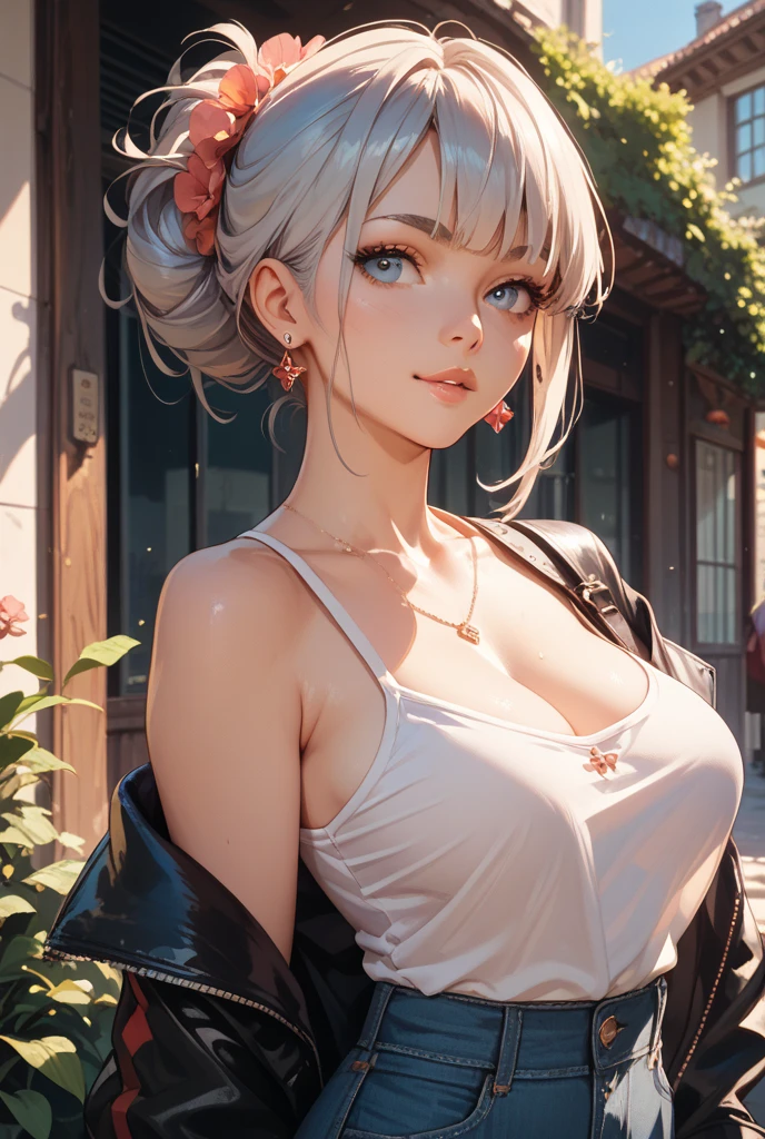 (Dark Skin:1.5), (Beautiful school girl:1.2), (Fine skin:1.3), (Glowing Skin:1.3), (Best body:1.3), (Short Hair:1.3), (Silver Hair:1.3), (Beautiful Hair:1.2), (eyeliner:1.3), (Droopy eyes:1.2), (Big eyes:1.2), (Purple eyes:1.3), (emotionless:1.2), (Beautiful clavicle:1.2), (Shapely large breasts:1.2), (White tank top:1.3), (No sleeve:1.2), (Denim shorts:1.1), (Busy Street:1.2), (Outdoor:1.2), (Please put your hands on your hips:1.3), (Sweat:1.2), (Sweatで濡れる:1.5), (Super close), (Upper body close-up:1.3), (Delicate arms:1.2), (Delicate hands:1.2), (Supple and beautiful hands:1.2), (masterpiece:1.2), (High resolution:1.2), (Highest quality:1.2), (Detailed Background:1.2), (Fabric Shading:1.2), (Very delicate and beautiful:1.1), (reality:1.2), (8K:1.2),