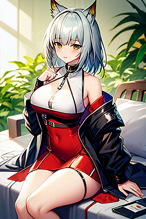 1girl, rough sketch, arlecchino, arlecchino from genshin impact, big tits, super huge tits, micro bikini, tight bikini, cool girl, a quiet and serious girl, badass, sexy pose, jacket, sitting on the sofa, focus on her tits, stockings, short white hair, POV