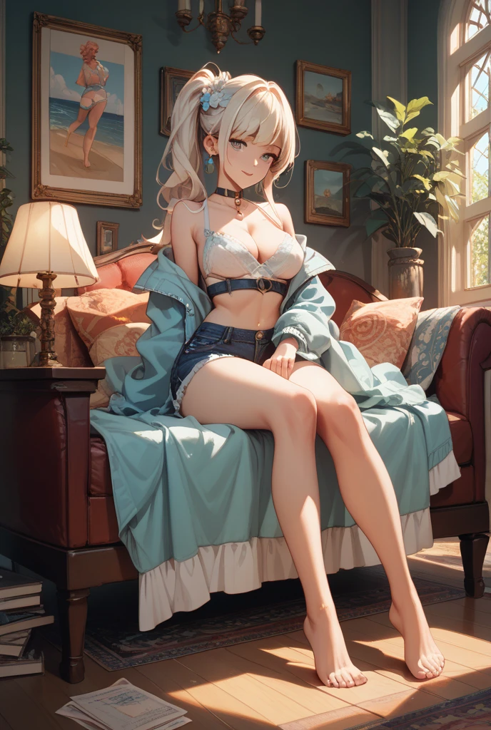(masterpiece:1.8),(highest quality:1.8),(Very detailed:1.8),(8k:1.8),(Ultra-fine Illustration:1.5),,Cute Mature Woman,Straight low twin tail,Flat Chest,Small breasts,(High-grade metallic silver,,lingerie:1.4),(Sitting and kneeling pose),Vintage sofa,,(Full body angle),Outside the window is a forest