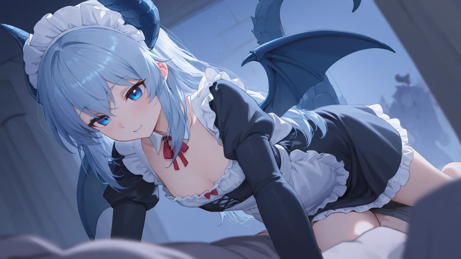 core_9, score_8_up, score_7_up, source_anime, duo, gynomorph/femail, dominant gynomorph,humanoid/human, human on anthro, interspecies, big dom small sub, height difference, age difference, yuri, kiss, hug, human penetrating, vagina penetration, missionary, BREAK (blue skin:1.3) horn, Large bat-like wings, Spade Tail, Succubus, devil, seducer, (Large Breasts:1.3) Wide Hips, black armor, mature, larger female, white hair, very long hair, red eyes, bottomless female, BREAK Long Hair, Exotic Leather (Brown Skin:1.3) ,Green Hair, futanari, (tiny height:1.3), (huge Breasts:1.2), large penis, disproportionate breasts, Wide Hips, Maid clothes