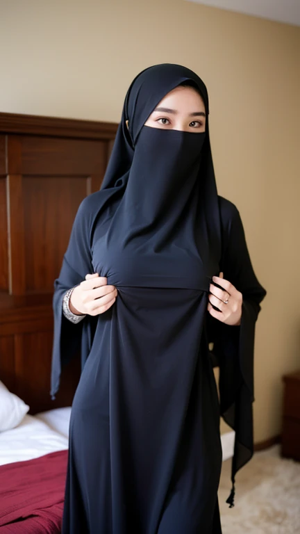 beautiful woman in hijab, (((super big breasts))), (closed tight clothes, very big breasts), shaped body, embossed nipples, tight vagina, (((cover mouth, long veil))), ((Big breasts )), Slender, 20 years old, bedroom, (big breasts exposed)