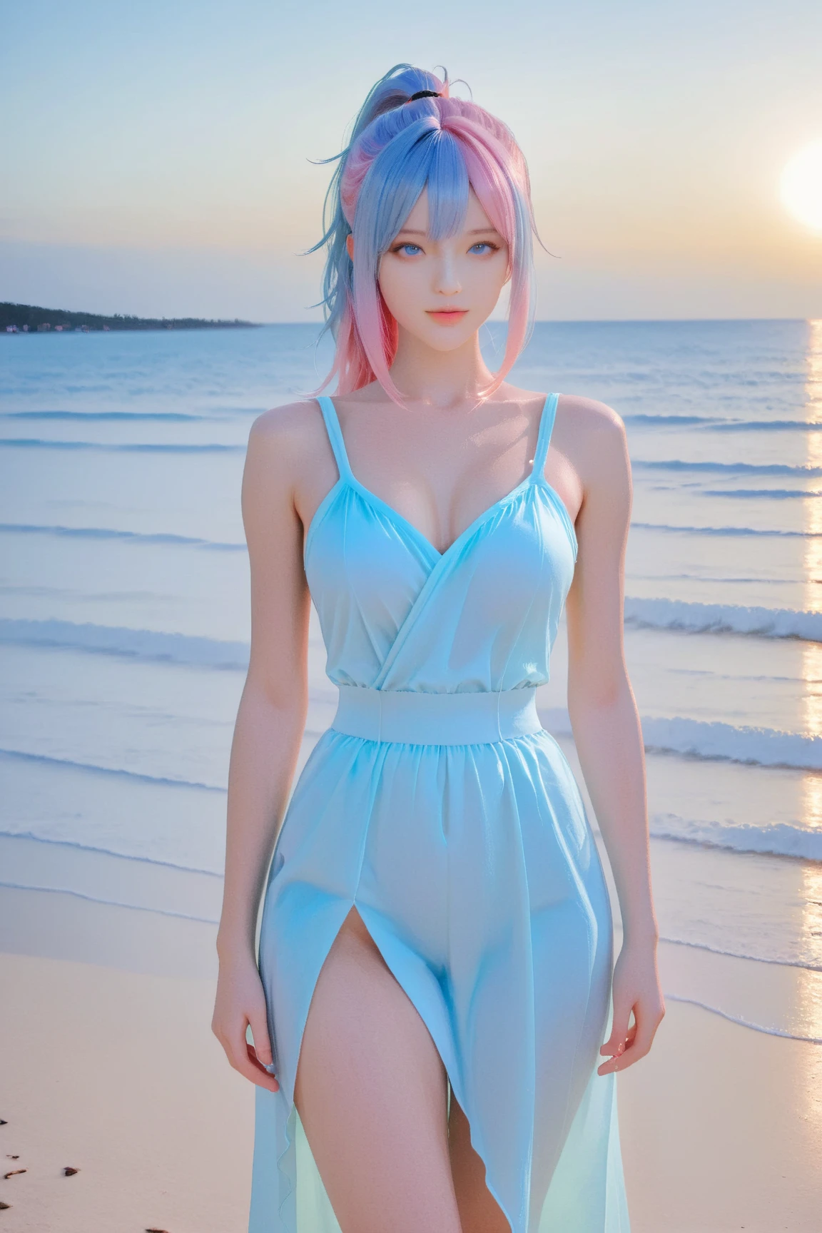 Cute Russian girl look like exact Katy Perry, Perfect Face, smile, wear Sheer maxi, pink hair, blue eyes, detailed, 8K, RAW Photo, red lipstick, full body view, beautiful, tight panty, big things,