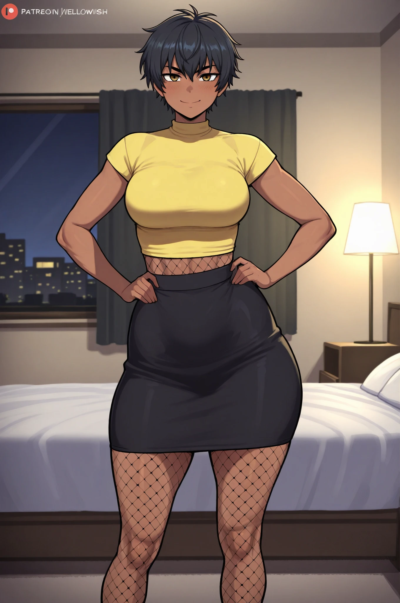 female, jackal, anthropomorphic, big breasts, big ass, black hair, (((1girl))), (((gold trimmed black shirt))), (black long skirt with slit), (gold heels), full body, cute and sexy, black skin, long legs, smiling, (narrow frame sunglasses)