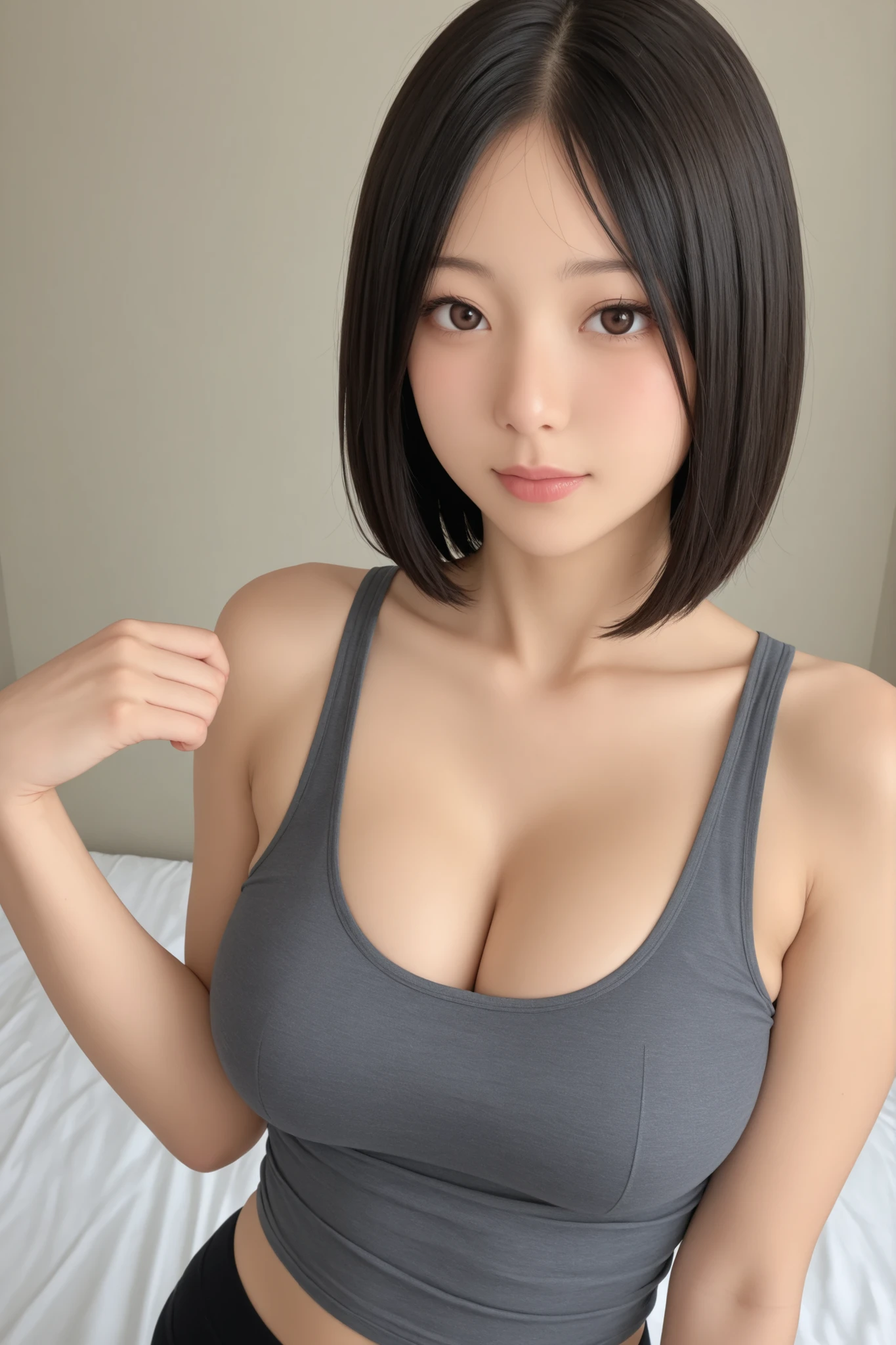 Asian milf tank top cleavage with obidient eyes top angle