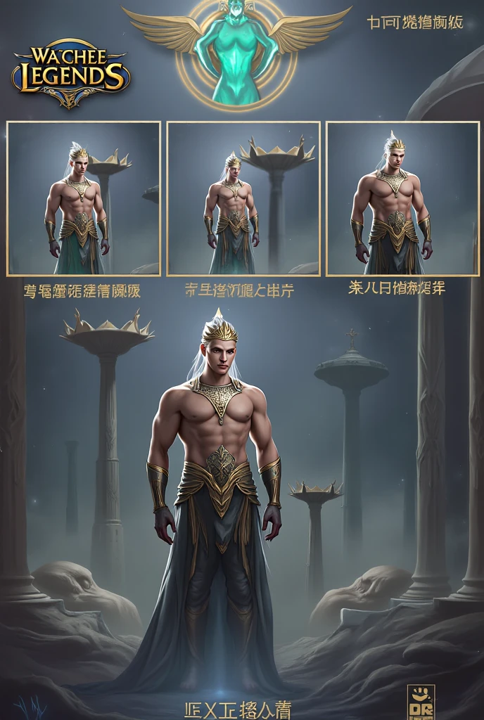 male gods fantasy, the first to appear tall as a god, short hair, character design sheet, different poses, different angles, 1boy, single, asian boy, handsome, reference sheet, perfect face, hansome face, 1.85 tall, shaved, chinese outfit, muscle body, athletic body. (Blue perfect eyes), (long hair), (long bangs), (green hair), (tanned skin), background simple