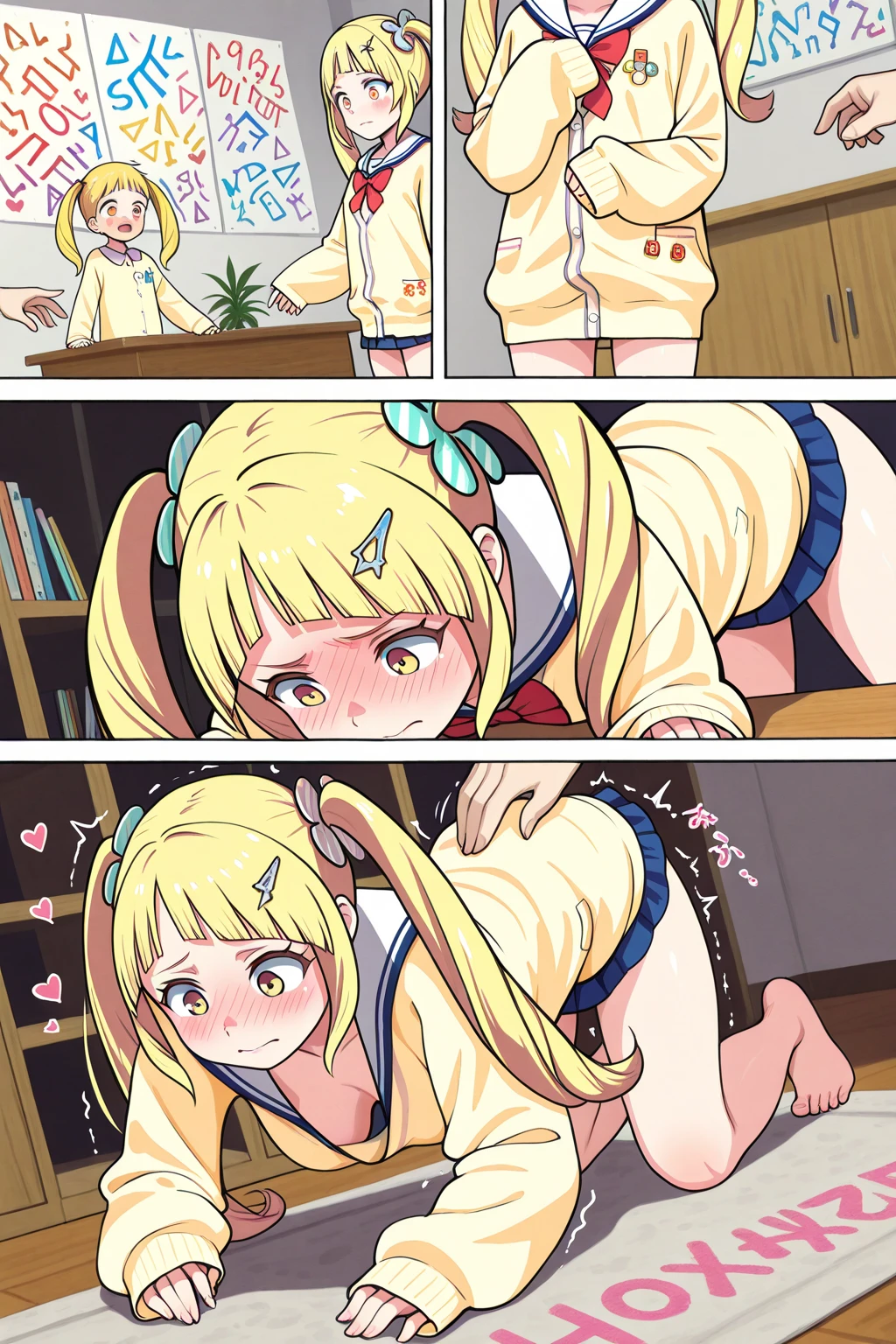 1 girl, foot fetish, Blonde hair, Twin tails hair, Blushing cheeks, crying face, No underwear, nude, show vagina, Clenching teeth and feeling pain, vaginal sex,