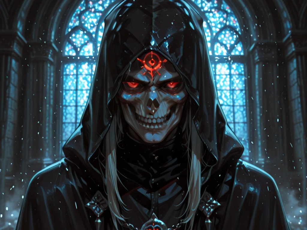 an angry skull mage with red eyes, only framed head