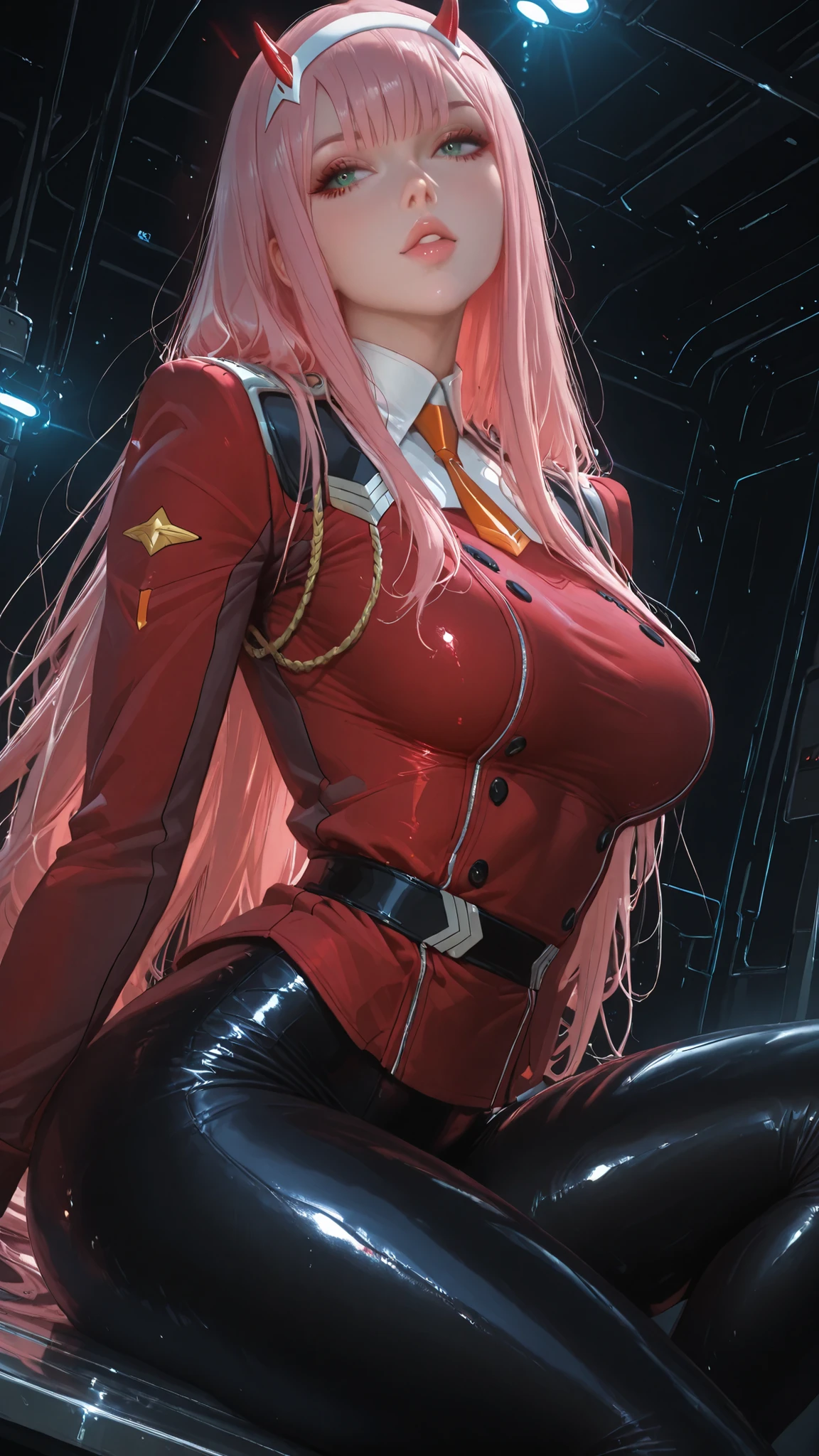 (best quality,4k,8k,highres,masterpiece:1.2),ultra-detailed,(realistic,photorealistic,photo-realistic:1.37),girl 35years old,long hair,pink hair,girl inside space ship destroyer,very hot and sexy commandant outfit,relever la jupe,
