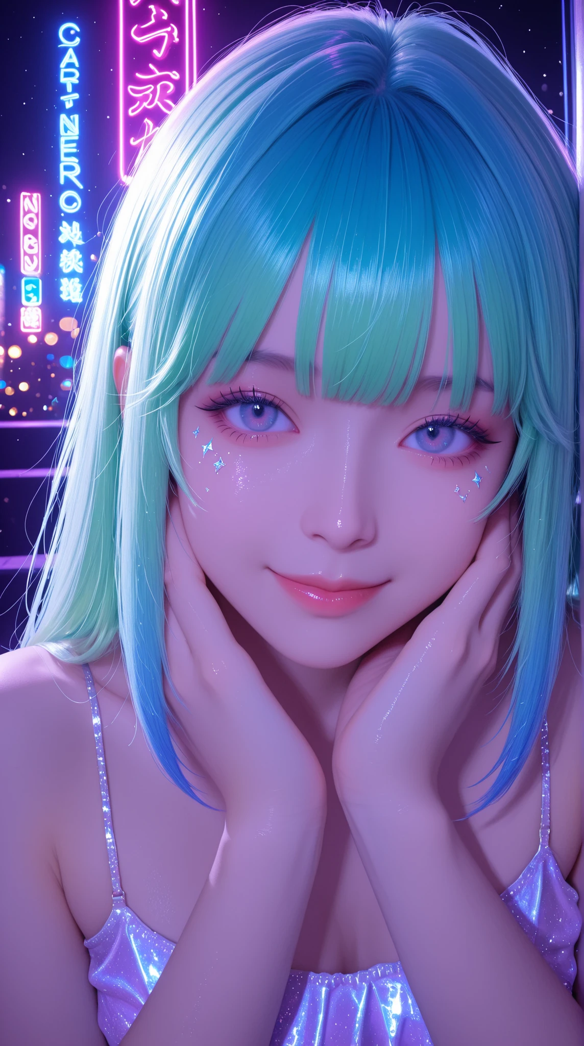 (masterpiece, 最High Quality, super high resolution), (photorealistic, realistic skin texture, subtle skin detail, Soft Lighting, Natural Skin), realistic, Professional Photos, 8k, super high resolution, very high resolution, Aesthetic, very Aesthetic, gorgeous, High Quality, Low saturation, cinematic tone, Soft Contrast, DSLR Style, Natural Skin reflection, Detailed  , detailed background, detailed skin texture, Matte skin , Unretouched Looks, healthy skin color, Soft Focus, close-up face,
BREAK,
neon lights, cyberpunk, Futuristic, vibrant,  cool mood , Light Leak, Bokeh, dreamy,  ether, Soft Light, Sparkling particles, detailed background, extremely detailed background, Sparkling Carbonate Bubbles, caustics, Prism Light, light projection , glitter makeup, flutter hair,
1girl, stares at the viewer, a faint smile, (groping hands under clothes)