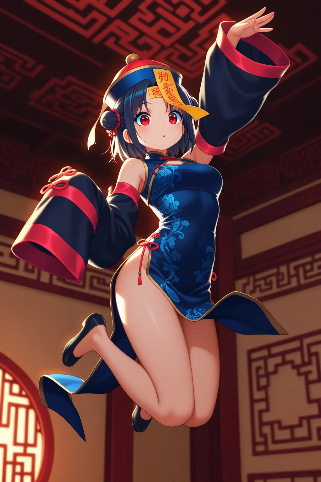 masterpiece,1girl,solo,black hair,underboob, hat, light_smile, ofuda, china dress, crossed arms, full body, outdoors, hanging lantern, night, higashi setsuna,
