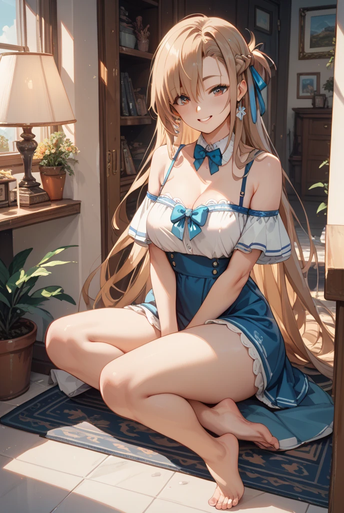 (hyperrealistic), (illustration), (high resolution), (8K), (extremely detailed), (best illustration), (beautiful detailed eyes), (best quality), (super detailed), (masterpiece), (wallpaper), (detailed face), solo, (dynamic pose), 1 girl, white wavy hair on the chair, small moles under the eyes, ((short apron)), medium breasts, long legs, tightens abs, (camel toes), (no panties), (no bra) , seduce, smile