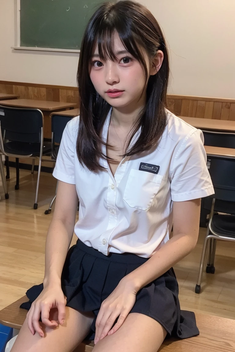 one person、one person、A 17-year-old high school girl posing for a photo、victory、Twin tails、Tsundere、masterpiece、High-level image quality、Sharp focus)、White shirt、Navy blue tie、Navy and red checked mini skirt、cute、Japanese women、18-year-old、sexy、Laughter、(Perfect ???????、Delicate and beautiful hands and feet)、Yellow wall,Small breasts、Nogizaka Idol、Slender figure、sexy、Sitting in a chair、Thighs