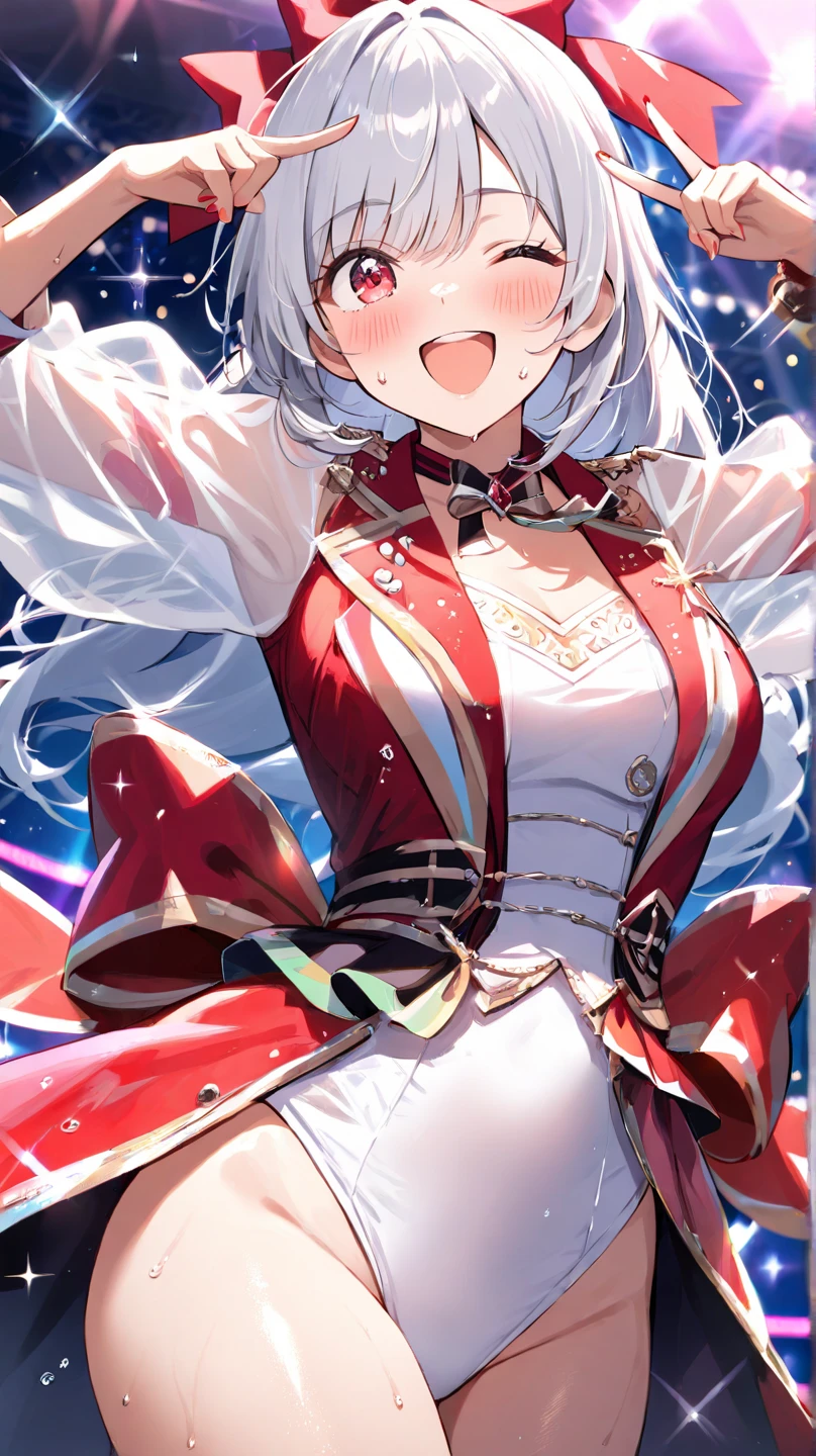 (Masterpiece, Best Quality:1.2),  absurdres, (faux traditional Media), (2d), (centered:1.3), fantasy art, illustration, cowboy shot, skirt_tail, (ultra-detailed), highly detailed, <lora:Skirt_TailV2:0.9>, skirt_tail, 1girl, solo, smile, short hair, large breasts, simple background, thighhighs, gloves, white background, dress, cleavage, closed mouth, full body, closed eyes, white hair, grey hair, black thighhighs, white gloves, white dress, garter straps, white footwear, pelvic curtain, shiny, dynamic pose, (depth of field), (floating particles)