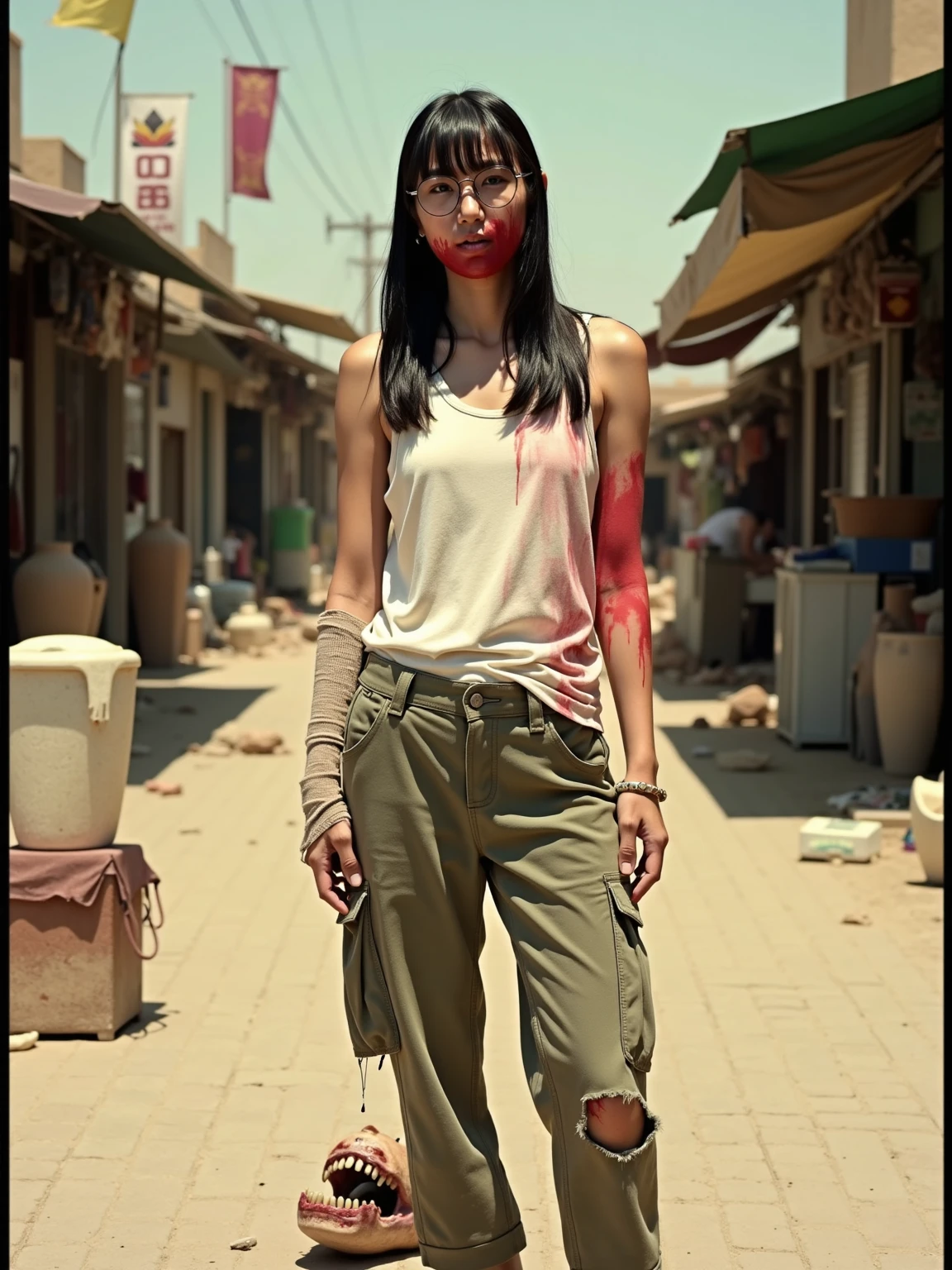 Best quality, masterpiece, ultra high res, photorealistic:1.5, raw photo,ultra reality, a girl standing, denim short pants, holding knives in both hands, bloody hands, injured, some bruises, fighting, in the city, cinematic lighting