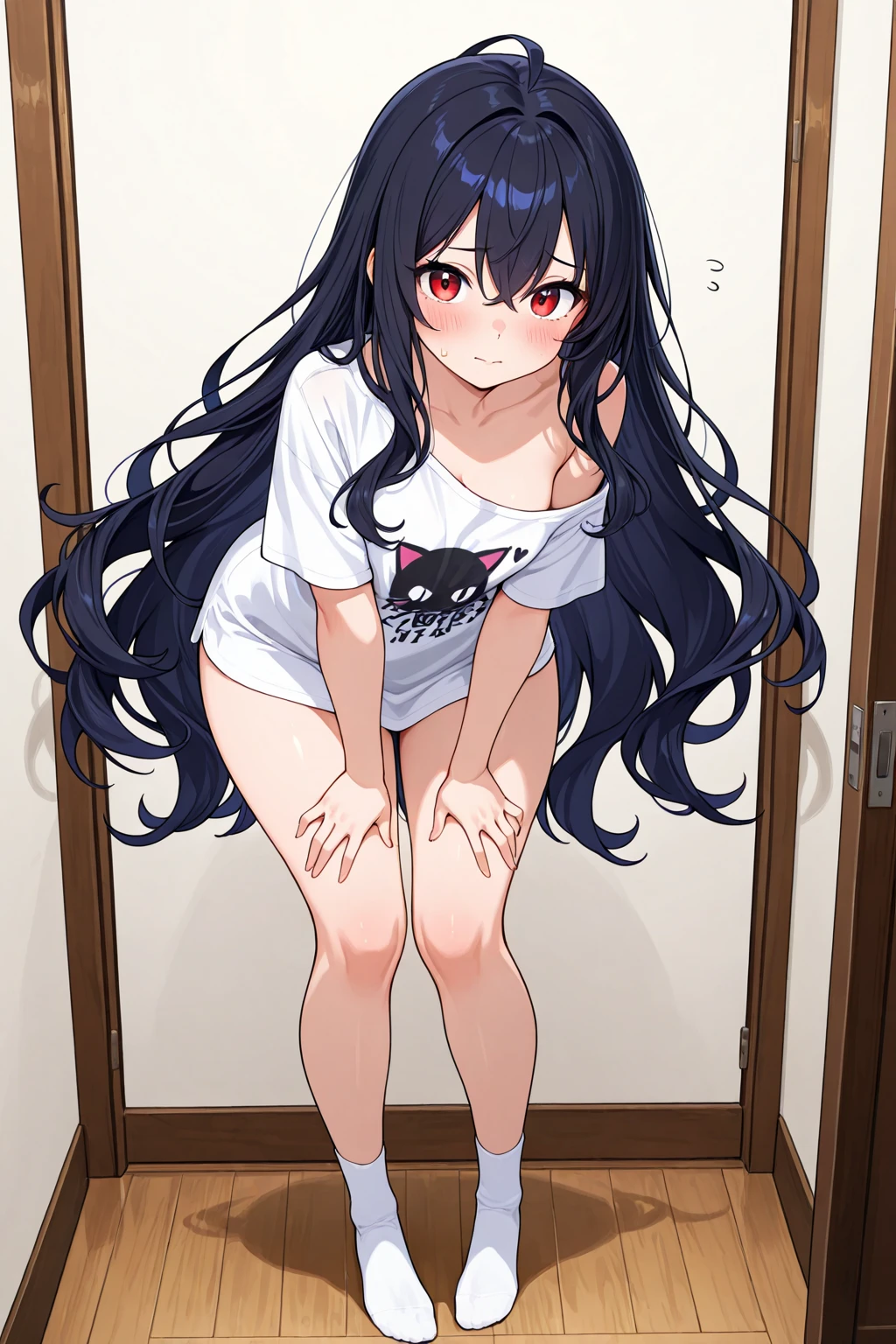 1 girl is wearing long white t shirt until thighs, red colour eyes, long black hair, perfect body figure & normal breast 1:3, smiling, standing right at the door,neko style cat ears, and rubbing eyes