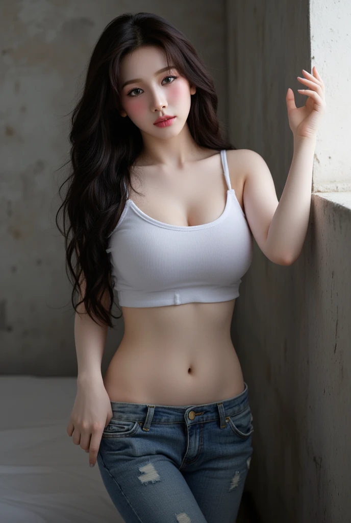 Girl in white bra and tight denim skirt posing for photo, full body, with cropped T-shirt, bra, slim body, smaller bust, slim girl model, 24-year-old female model, lying on the construction site, a group of black men onlooking