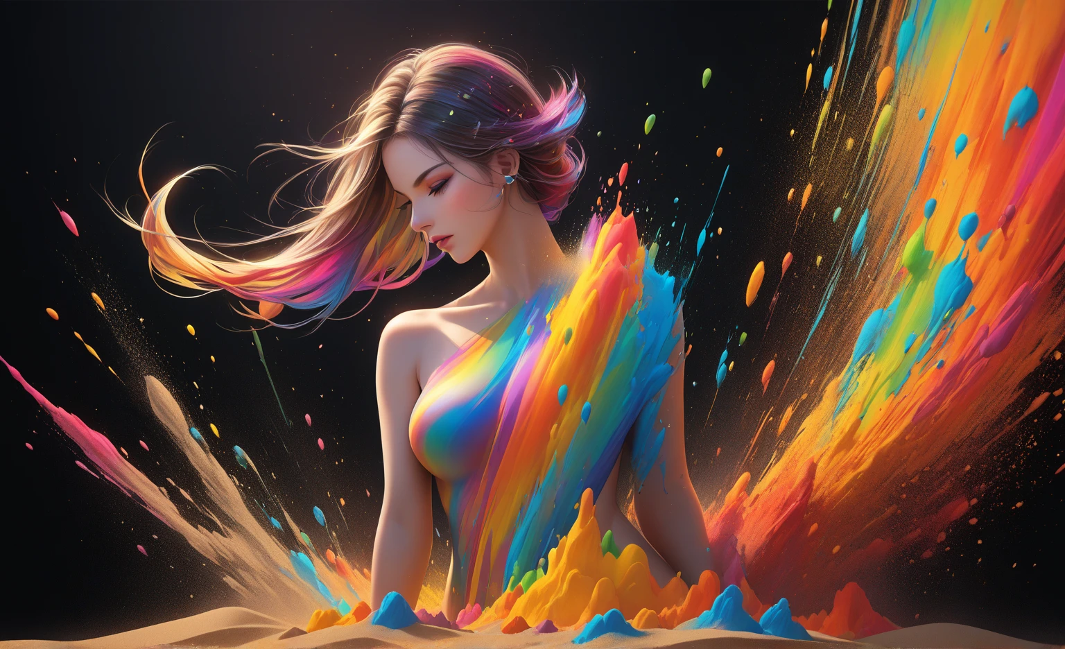 .<lora:rMadArt3_NoiseOffset:1>, Romanticism, UHD, attractive, ethereal, elegant, girl, beautiful, flawless, angelic, soft liquid rainbow smoke background, wind, fractal neon antimatter finish, highly detailed, trending on artstation, sharp focus, studio photo, intricate details, highly detailed, by Artgerm, Thomas Kinkade, Anna Dittmann, Gerhard Richter