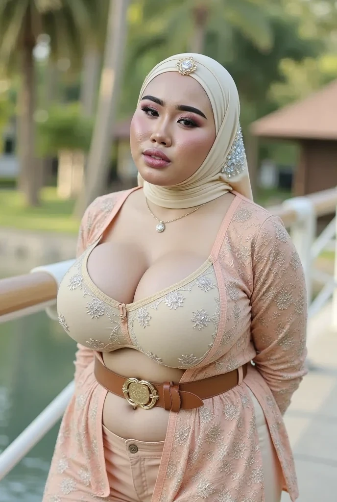 Women with large breasts, sitting in front of the house