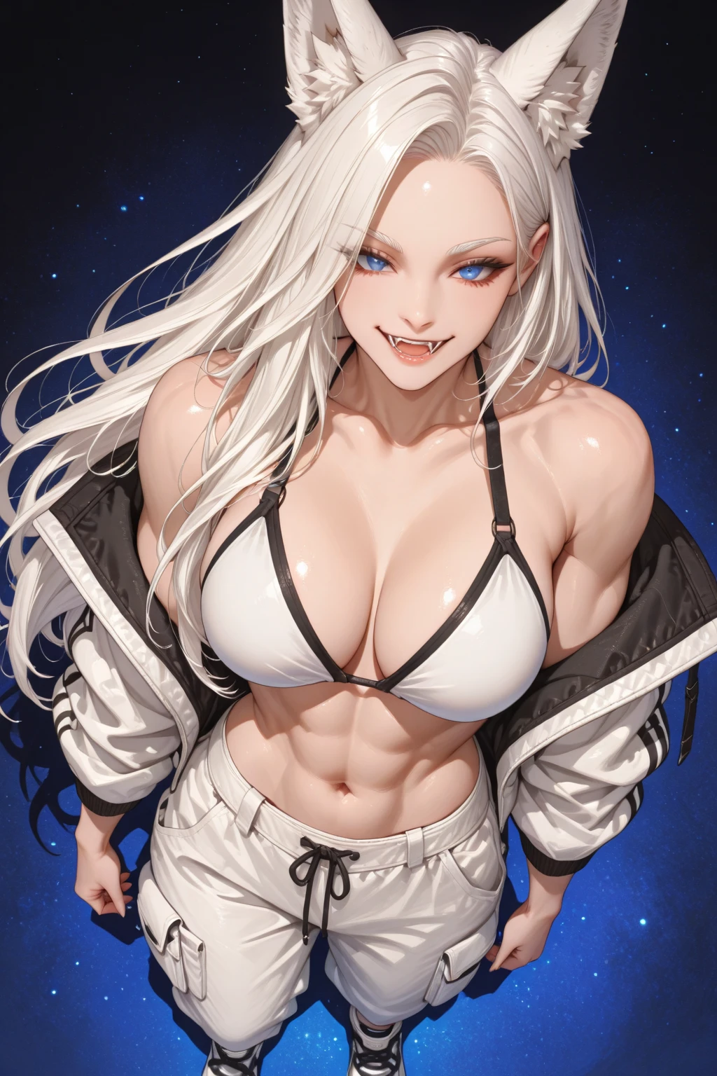 masterpiece, highest quality, best quality, 1girl, solo, looking at viewer,
ghislaine dedoldia, animal ears, choker, fur trim, large breasts, abs, muscular woman, white hair, <lora:my_LoRA_ghislainededoldia_v1:0.5>
detailed light, cinematic lighting,(very detailed face),(very detailed eyes),perfect eyes, beautiful face, ultra detailed, highres, (realistic:1.2), (light rays), (perfect body:1.5),extremely detailed face, thick eyelashes, long eyelashes, looking at viewer, shortstack, hair between eyes, forastero, <lyco:forastero-01:1>