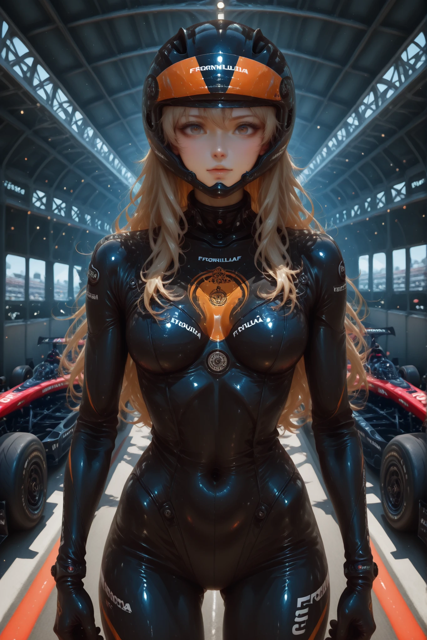 [гонка f1 、formula-1, formula f1 race location、Four mirrors 1 car][Rider Suit、Chest disproportionate to your body type、helmet, sideways、long blond hair] F1 гонки, боллид F1