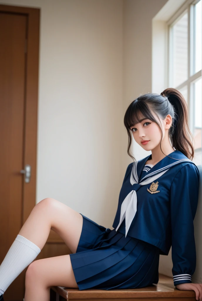 ulzzang-6500-v1.1, (raw photo:1.2), (photorealistic:1.4), beautiful detailed girl, very detailed eyes and face, beautiful detailed eyes, ridiculous, incredibly ridiculous, huge file size, super detailed, high resolution, very detailed, best quality, masterpiece, kemomimi, ((Japanese girls' school uniform)), illustration, very detailed, CG, unified, 8k wallpaper, amazing, fine details, masterpiece, best quality, very detailed CG uniform 8k wallpaper, light on face, cinematic lighting, 1girl, 16 years old, ((no panties), ((dynamic pose))), (full body), ((short stockings)), (kneeling on desk)), in classroom, seductive pose, long legs, close-up of thighs, legs open, facing the audience,