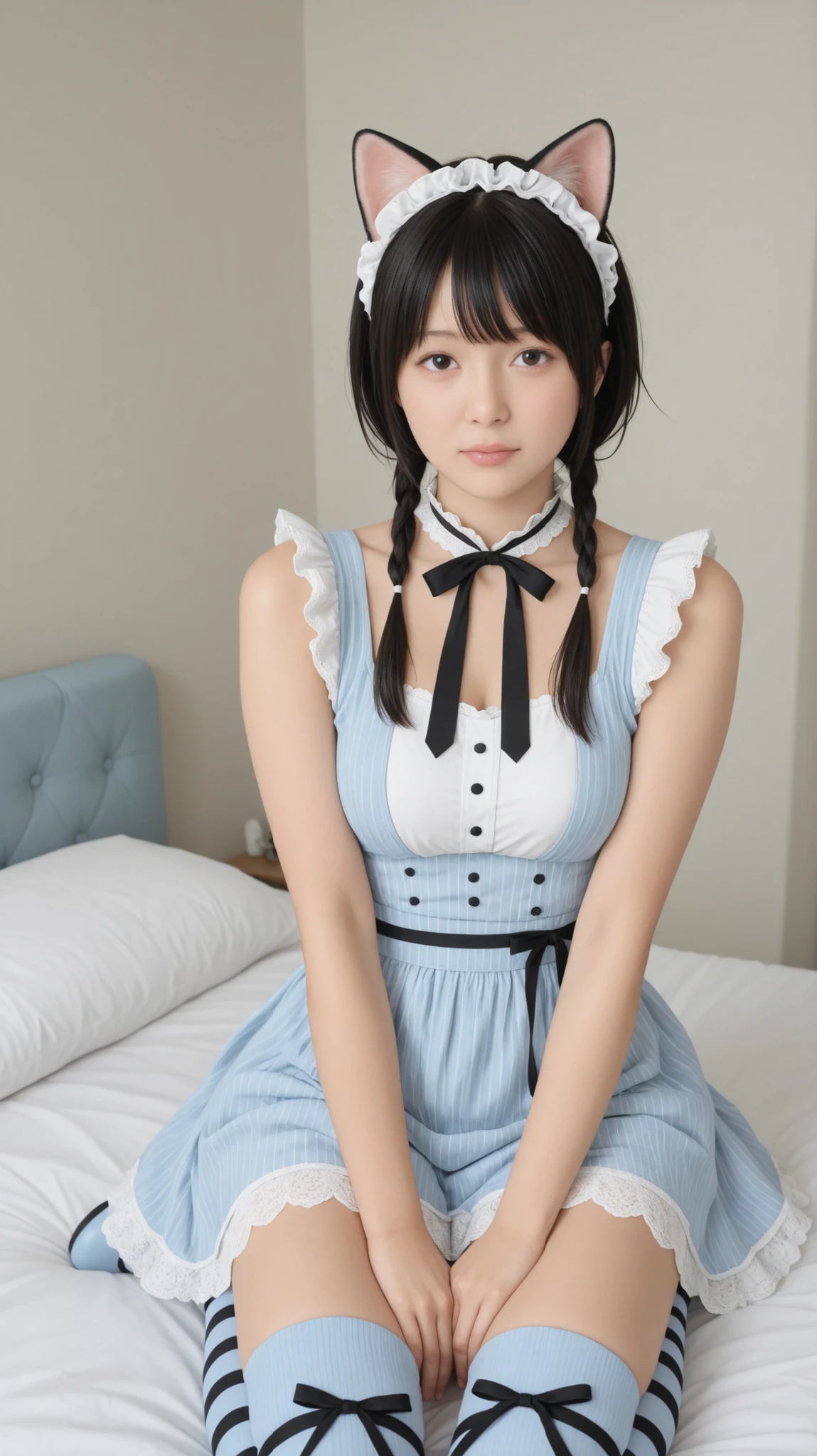 (8k, raw photos, top quality, masterpiece:1.2), Highly detailed RAW color photos, professional photo, (realistic, photo realistic:1.37), (top quality:1.2), Cinematic Light, (Very detailed face:1.2), (masterpiece:1.5), 1girl, solo, upper body, waist, black hair, attractive poses, Exquisitely Designed Outfits, modestly gold on a two-color block of light blue and white dirndl DECORATION , black lace collar and puffed sleeves with multiple layers , Pastel Gothic Style Apron with Lace and Ruffles on Light Blue and White Layers, Sleeveless Design with Ruffles and Black Lace Trimming on Light Blue Straps, white high collar blouse elegant , black lace collar and puffed sleeves , light blue and black striped tie gracefully tied to a light blue and black striped tie , Floppy ribbon , pale blue platform boots with black lace accents and ruffled edges, black lace arm cover , Light Blue Cat Ears Maid Style Headband, black bow, Bedroom, (top quality, best quality, masterpiece:1.3), Ultra High Definition,