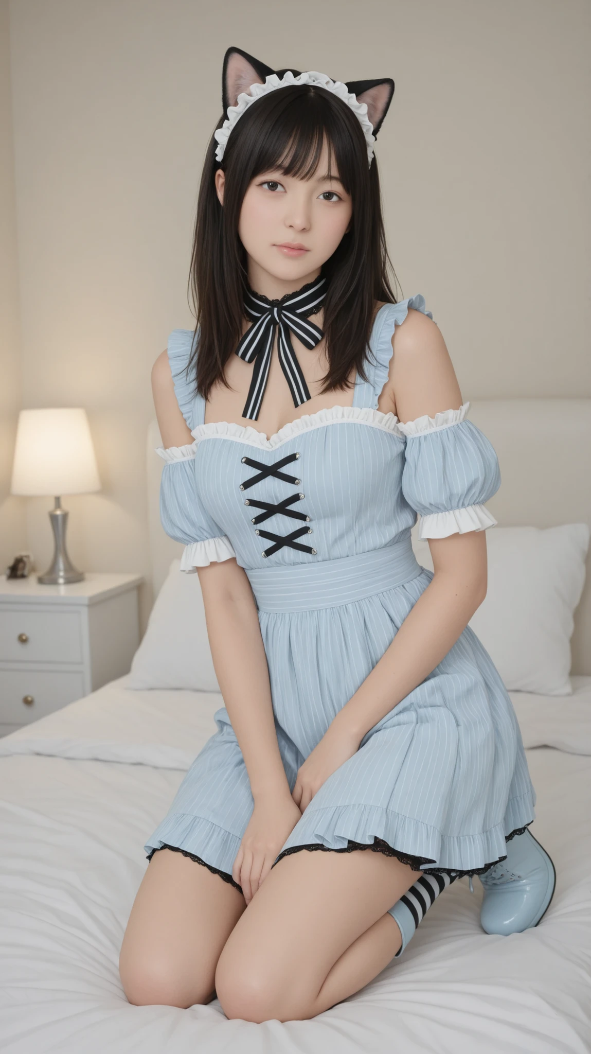 (8k, raw photos, top quality, masterpiece:1.2), Highly detailed RAW color photos, professional photo, (realistic, photo realistic:1.37), (top quality:1.2), Cinematic Light, (Very detailed face:1.2), (masterpiece:1.5), 1girl, solo, upper body, waist, black hair, attractive poses, Exquisitely Designed Outfits,  modestly gold on a two-color block of light blue and white dirndl DECORATION ,  black lace collar and puffed sleeves with multiple layers , Pastel Gothic Style Apron with Lace and Ruffles on Light Blue and White Layers, Sleeveless Design with Ruffles and Black Lace Trimming on Light Blue Straps,  white high collar blouse elegant ,  black lace collar and puffed sleeves ,  light blue and black striped tie gracefully tied to a light blue and black striped tie , Floppy ribbon ,  pale blue platform boots with black lace accents and ruffled edges,  black lace arm cover , Light Blue Cat Ears Maid Style Headband, black bow, Bedroom, (top quality, best quality, masterpiece:1.3), Ultra High Definition, 