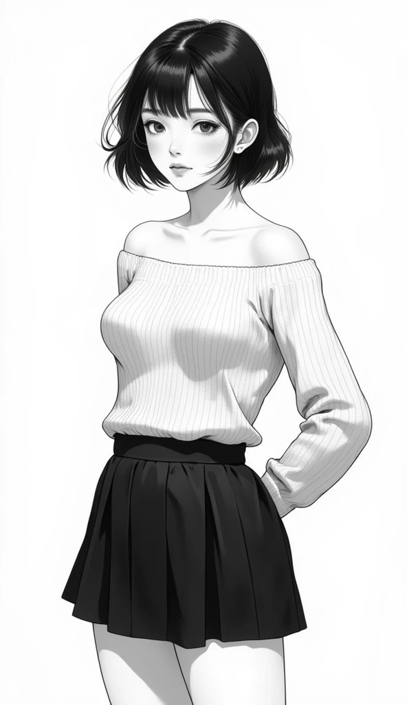 Black Hair、Bobcut、Long-sleeved shirt with navy blue stripes on a white background、Honey
